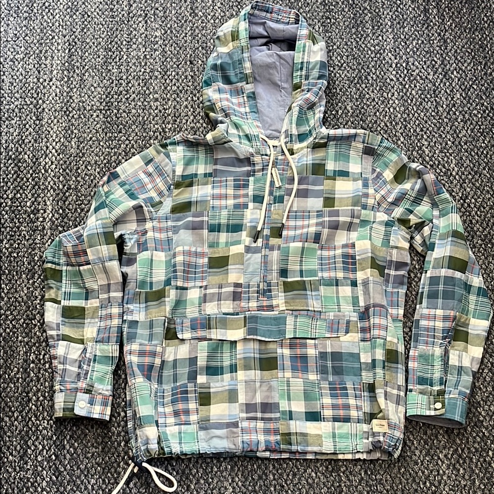 L.L. Bean Madras Green, Blue Lightweight Hooded Pullover Shirt Jacket, Medium